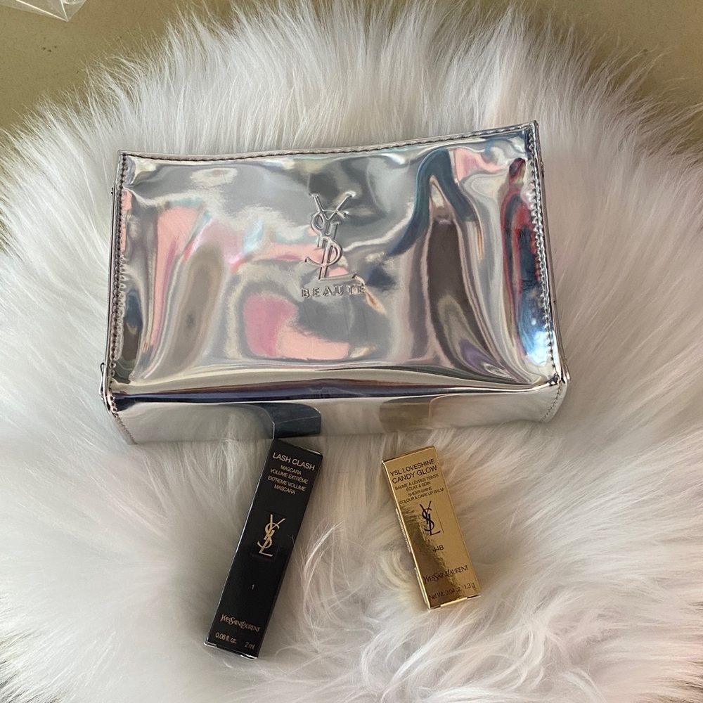 Yves Saint Laurent Silver Cosmetic Case  new comes with 2 luxury beauty items